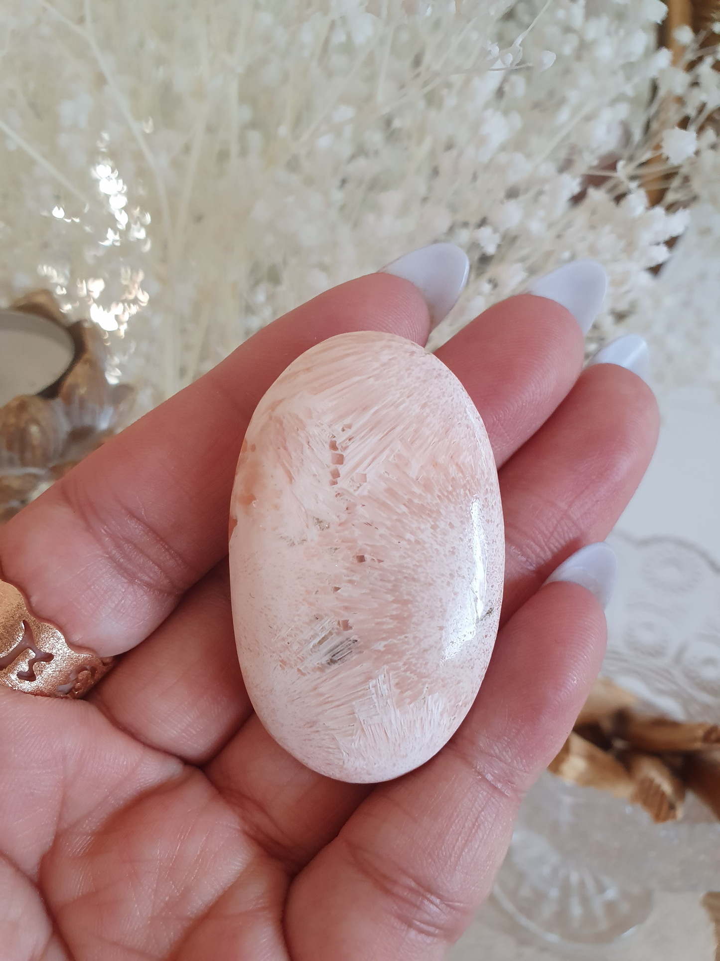 Peach Scolecite Palmstone | Sml-Lrg