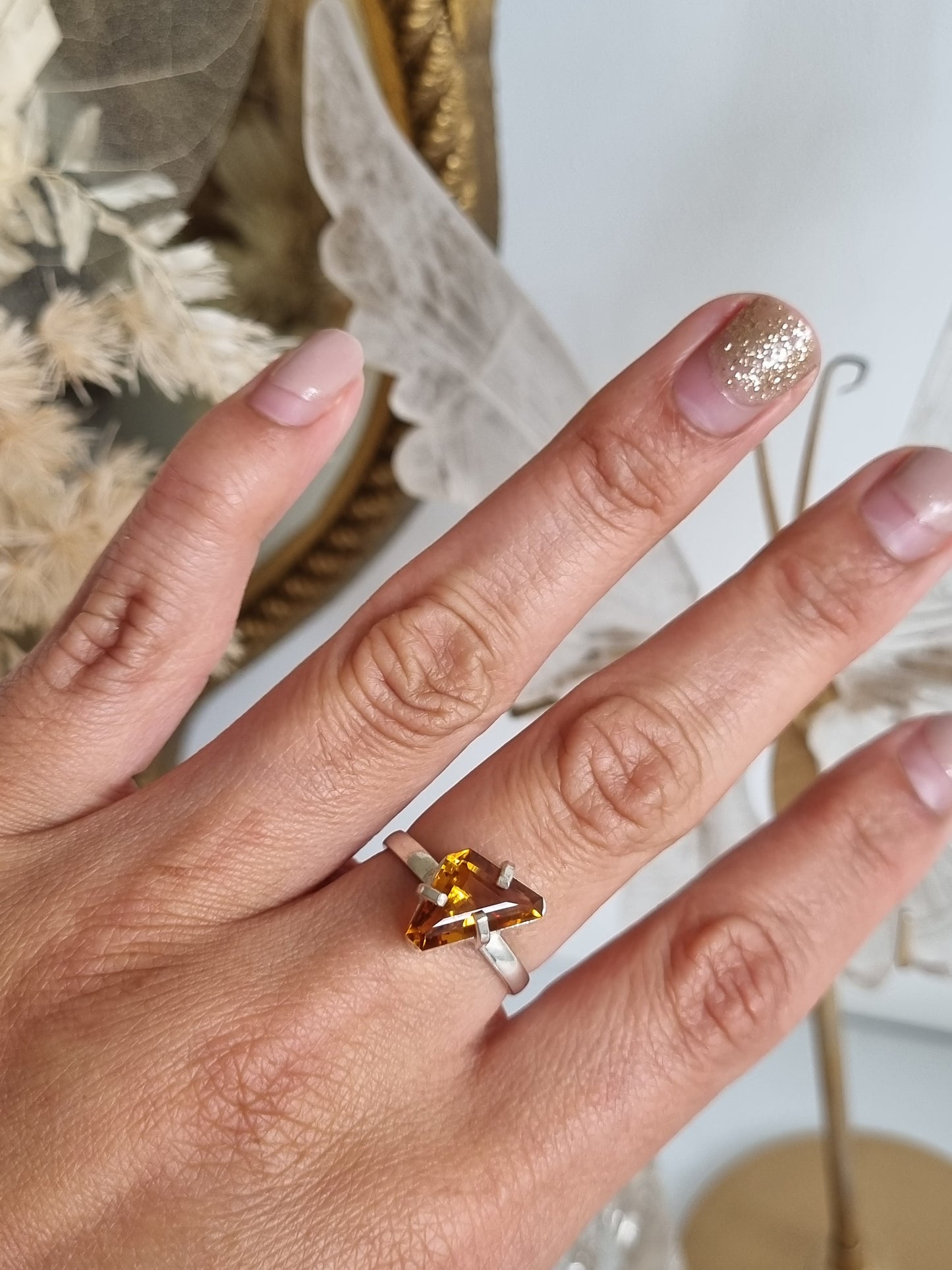 Silver Plated Citrine Triangular Cut Ring