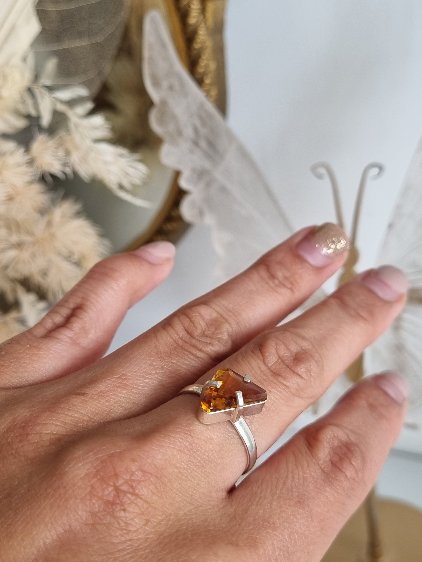 Silver Plated Citrine Triangular Cut Ring