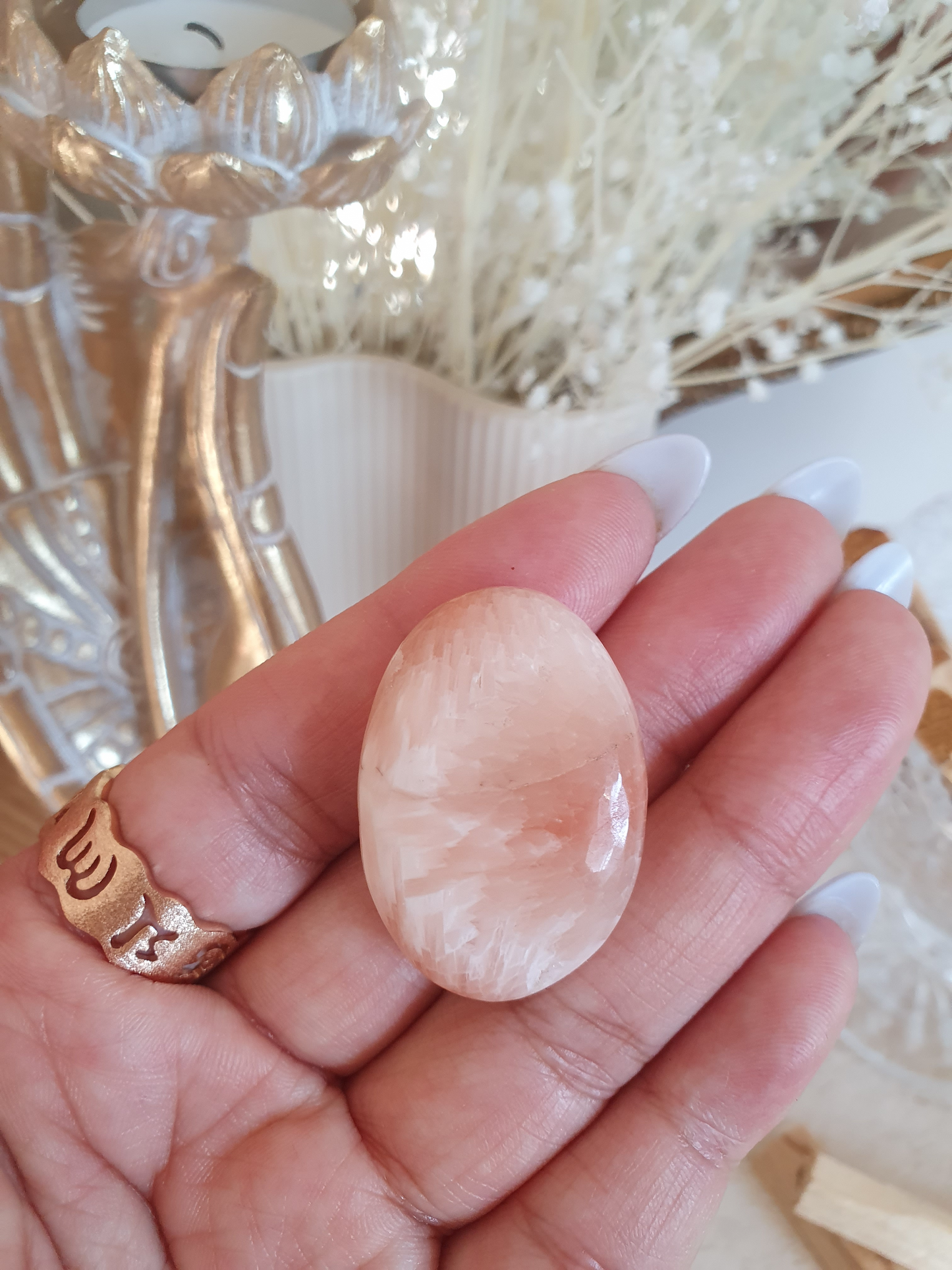 Peach Scolecite Palmstone | Sml-Lrg
