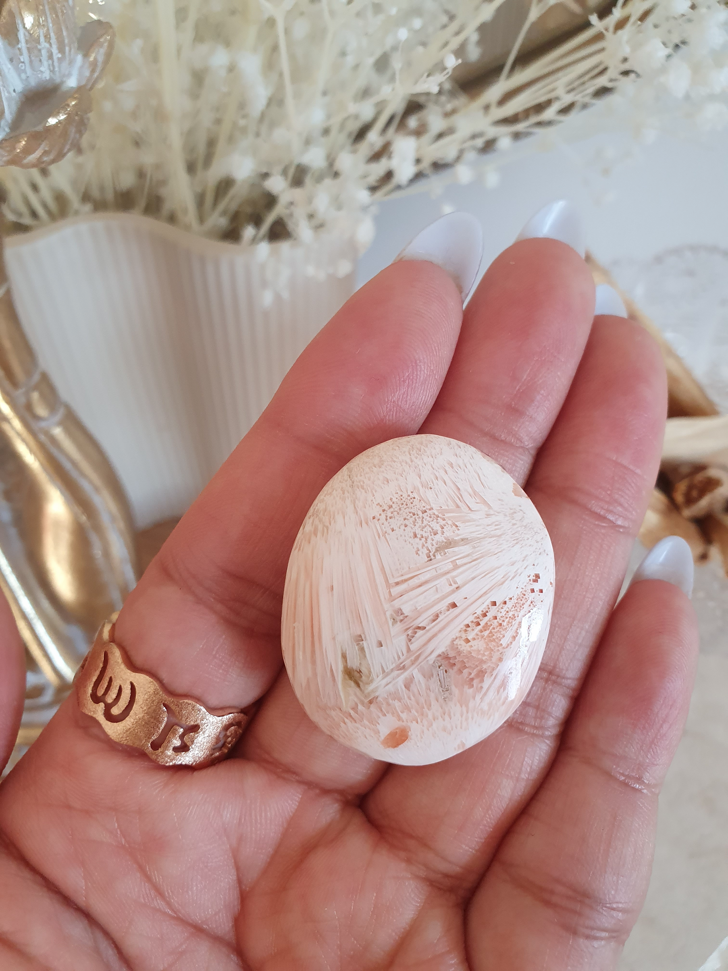 Peach Scolecite Palmstone | Sml-Lrg