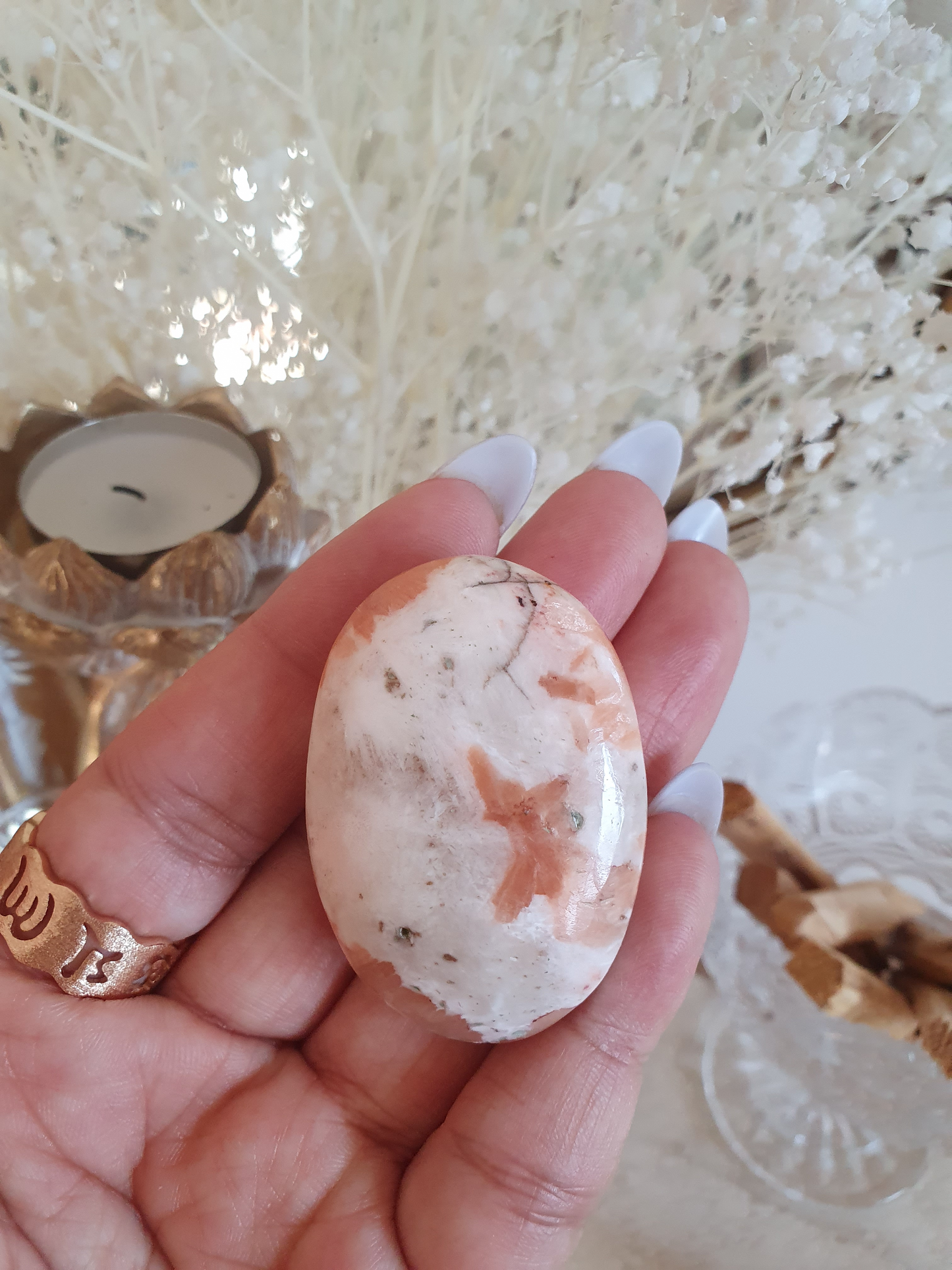 Peach Scolecite Palmstone | Sml-Lrg