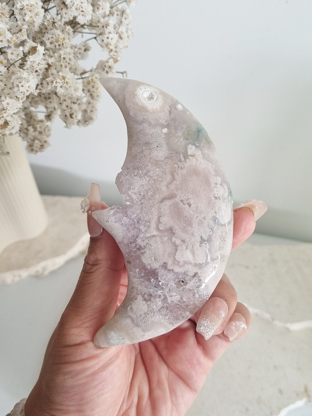 Flower Agate Moon with Amethyst Druze
