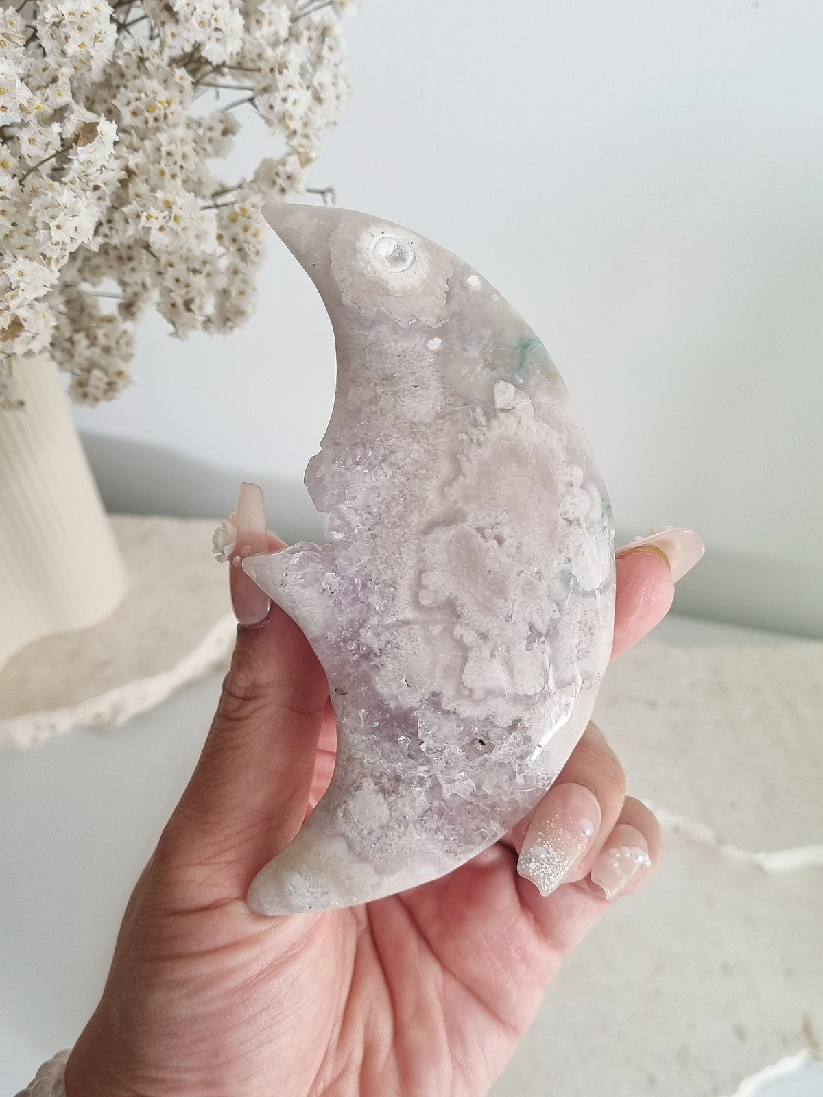 Flower Agate Moon with Amethyst Druze