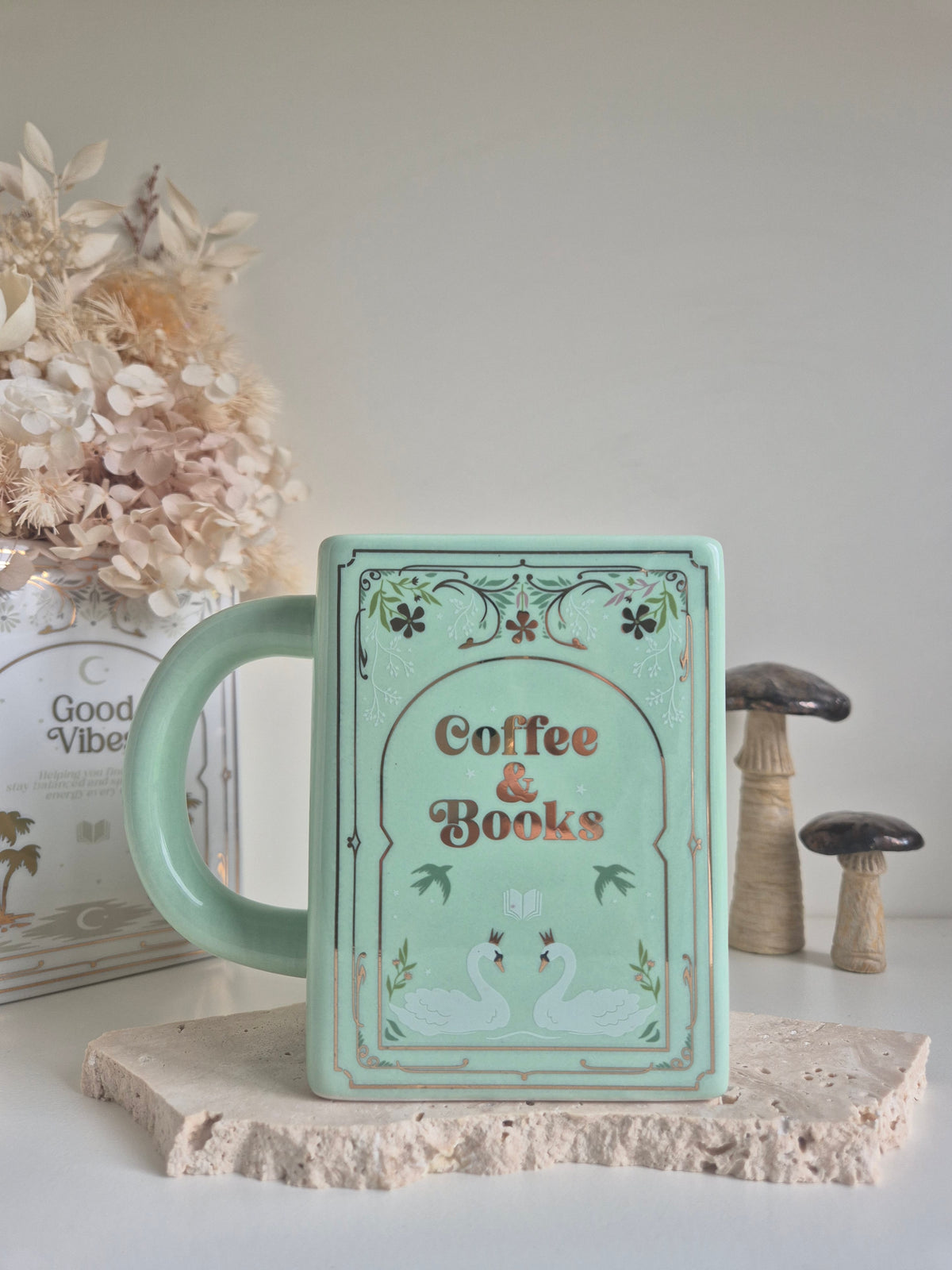 Coffee & Books Ceramic Book Mug in Sage Green