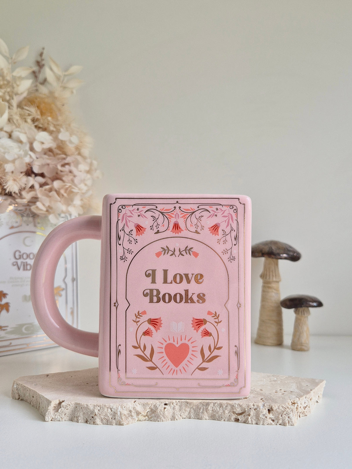 I Love Books Ceramic Book Mug in Pink