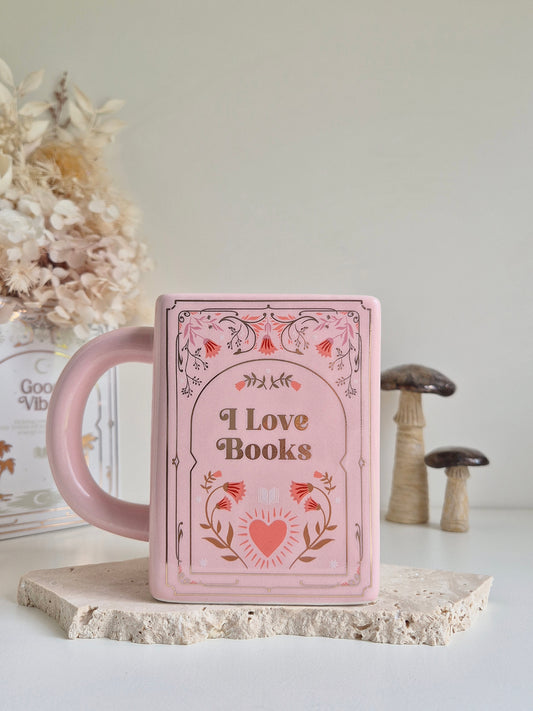 I Love Books Ceramic Book Mug in Pink