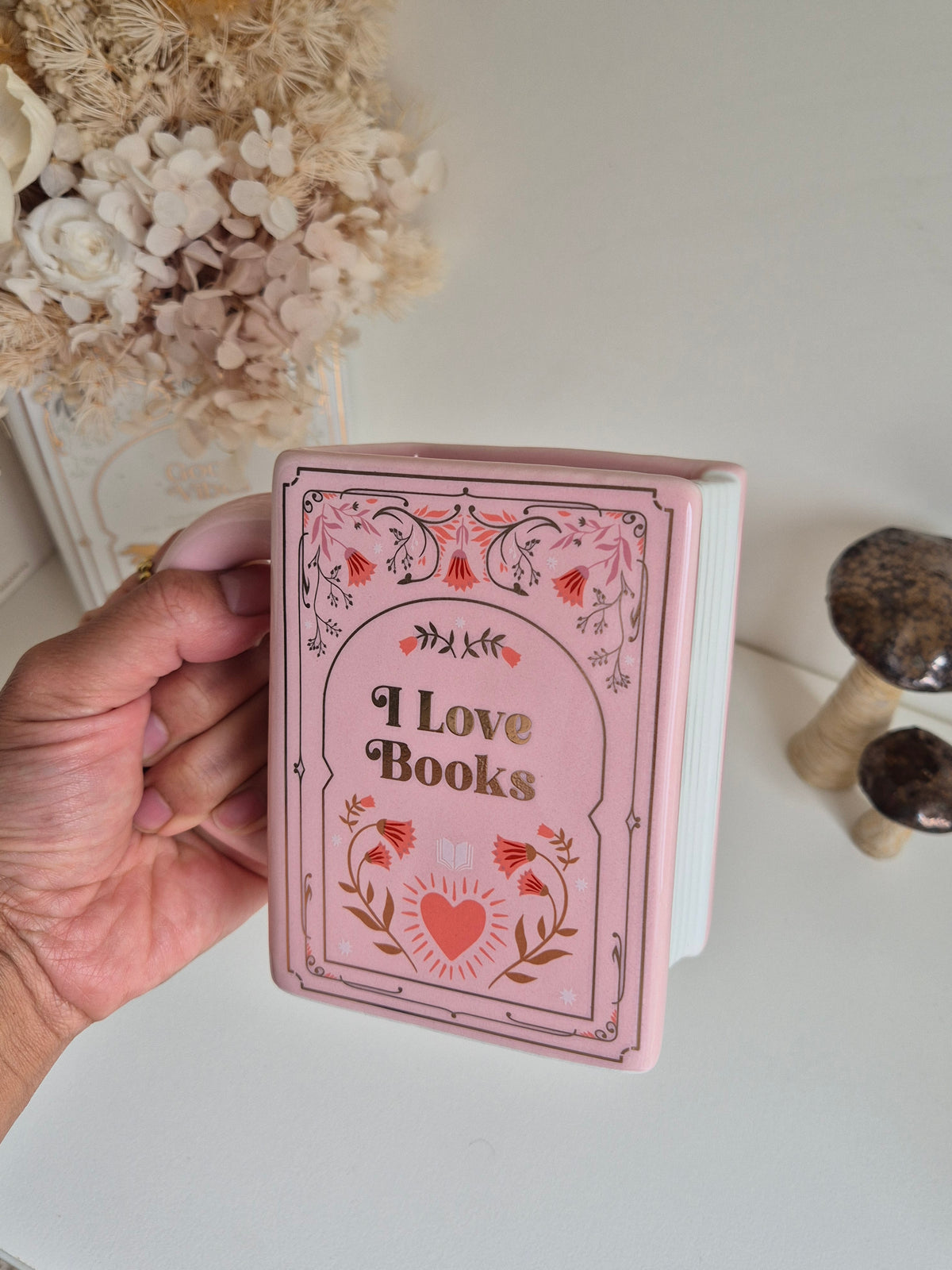 I Love Books Ceramic Book Mug in Pink