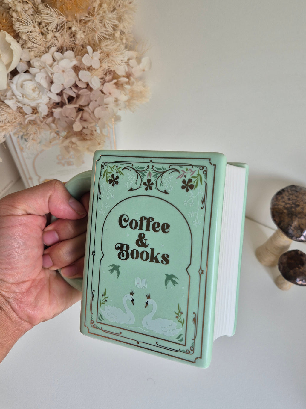 Coffee & Books Ceramic Book Mug in Sage Green