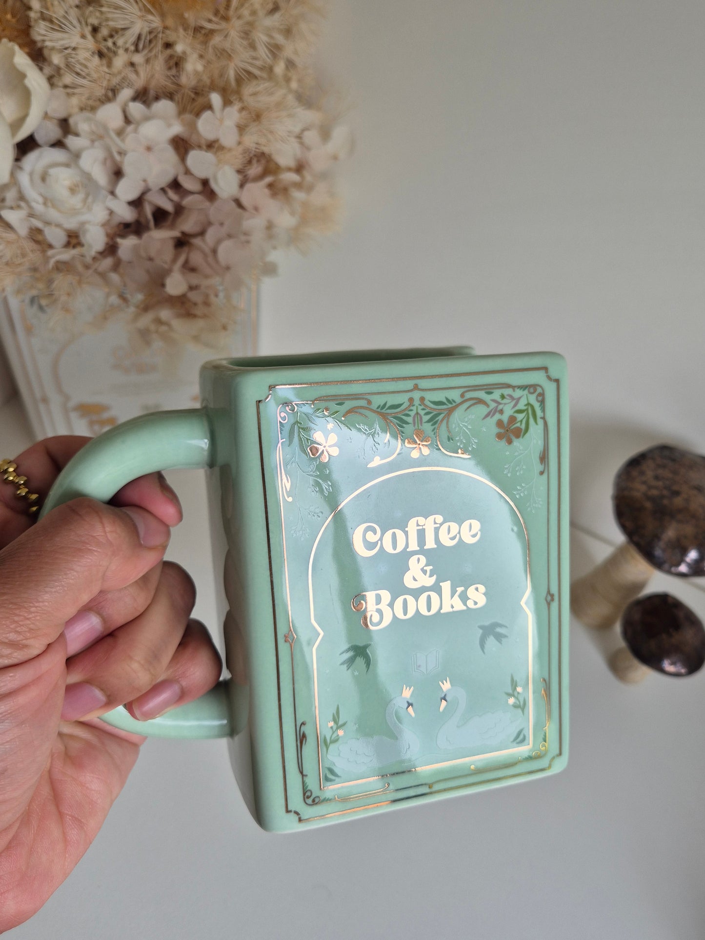 Coffee & Books Ceramic Book Mug in Sage Green