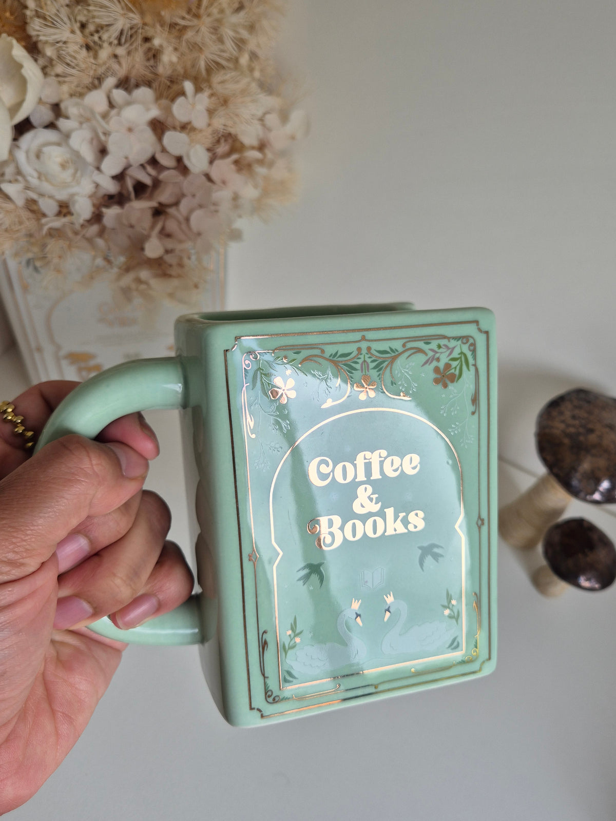 Coffee & Books Ceramic Book Mug in Sage Green