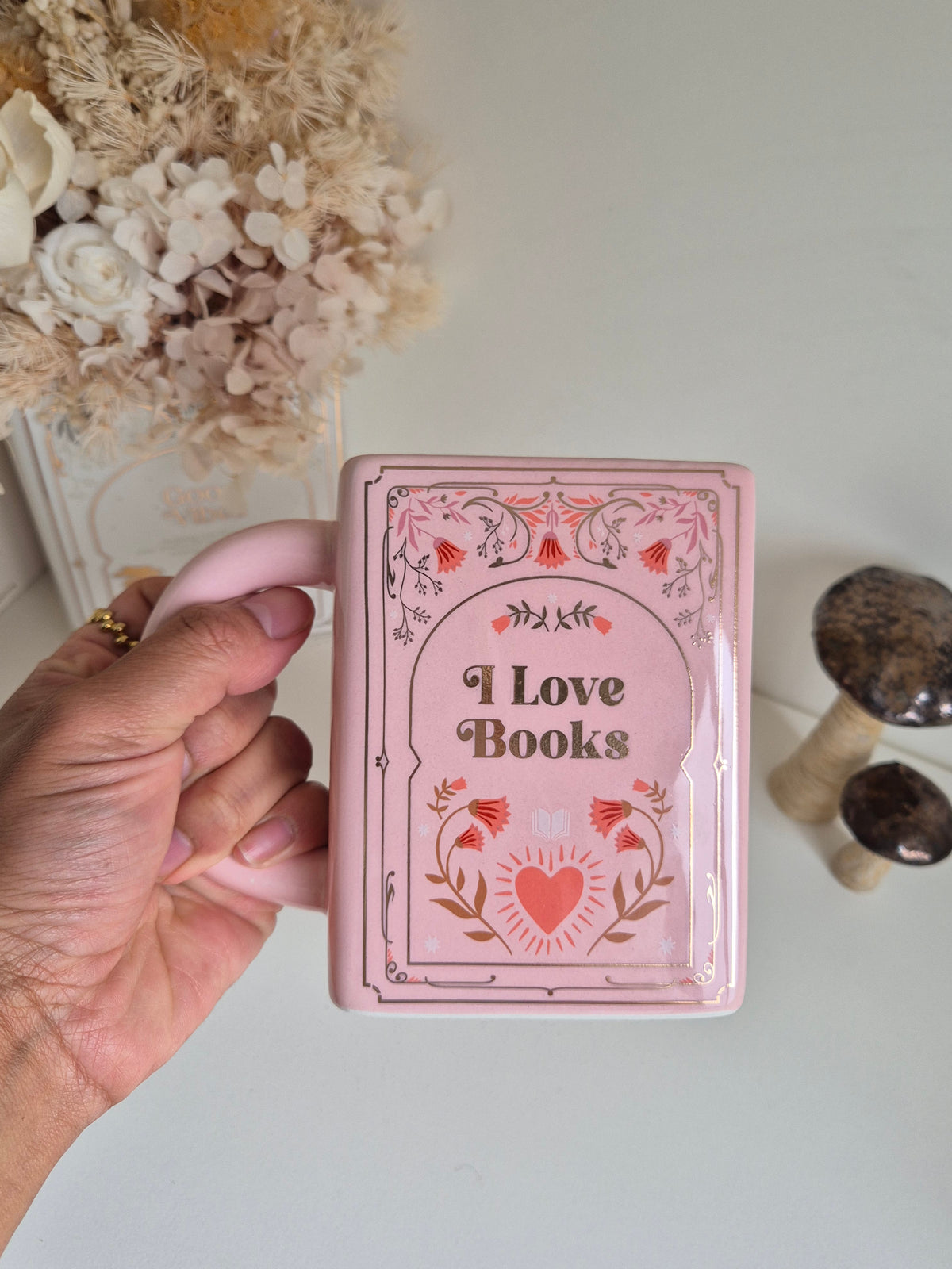 I Love Books Ceramic Book Mug in Pink