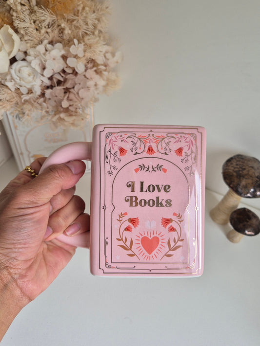 I Love Books Ceramic Book Mug in Pink