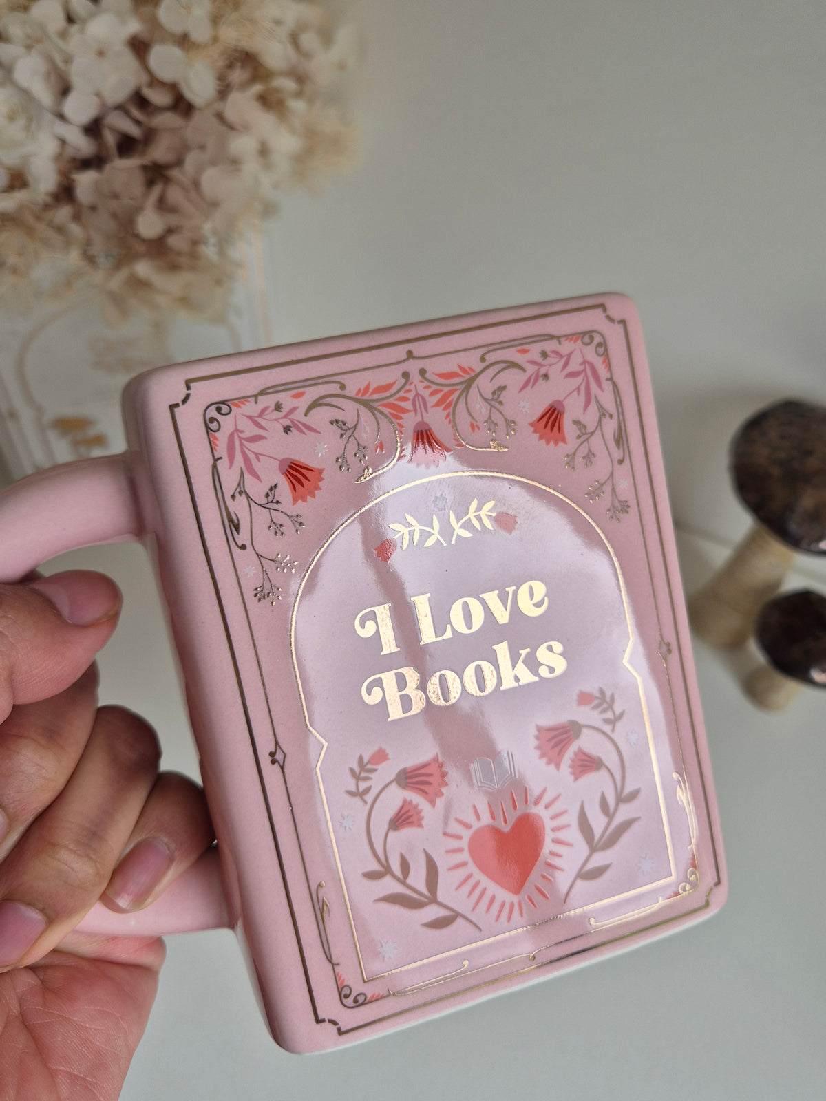 I Love Books Ceramic Book Mug in Pink