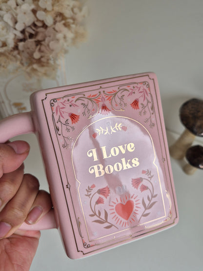 I Love Books Ceramic Book Mug in Pink