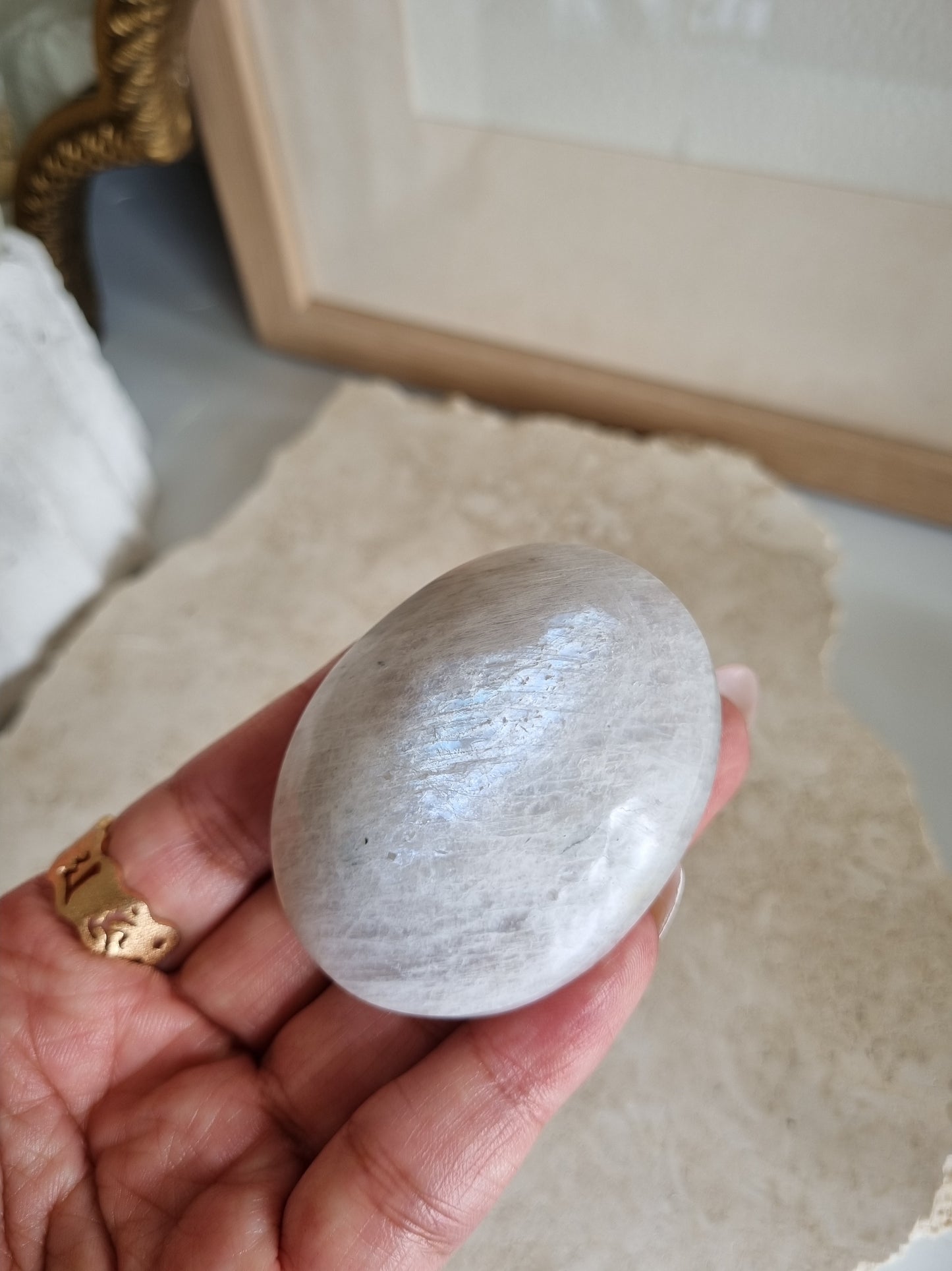 White Moonstone Palmstone with Flash