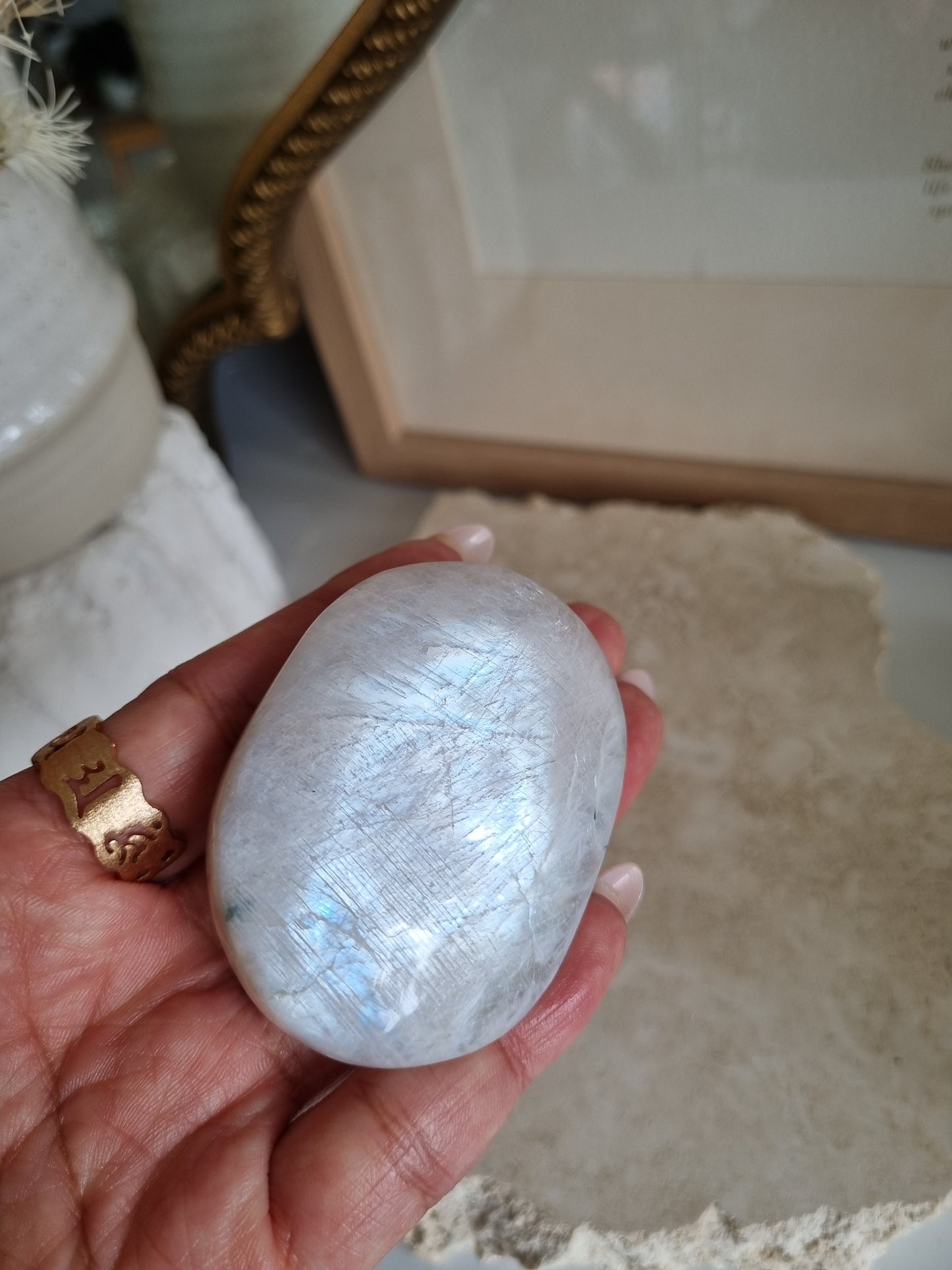 White Moonstone Palmstone with Flash