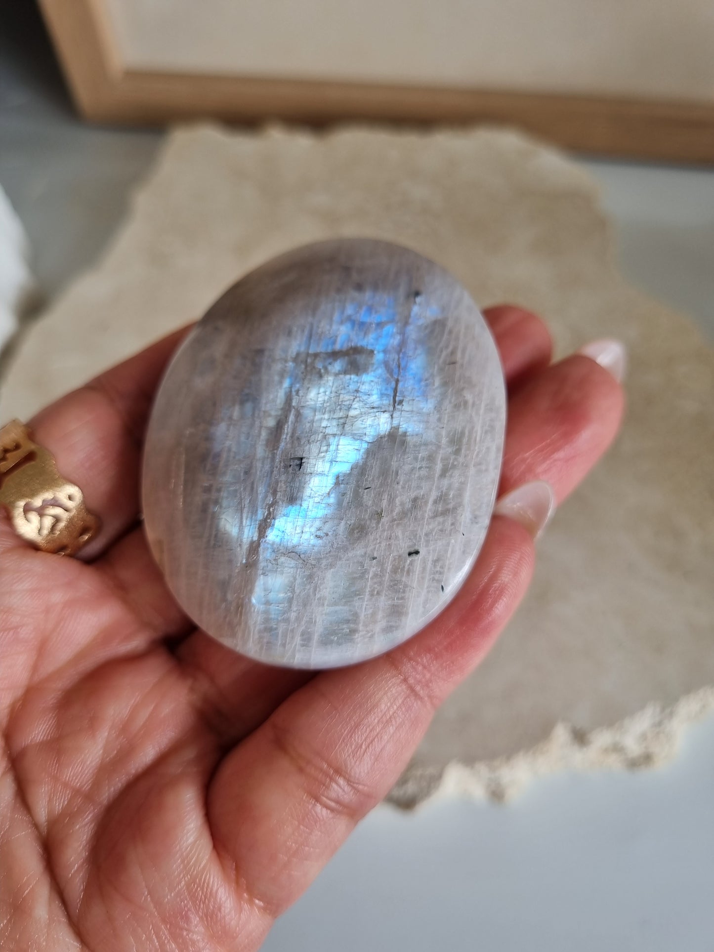 White Moonstone Palmstone with Flash