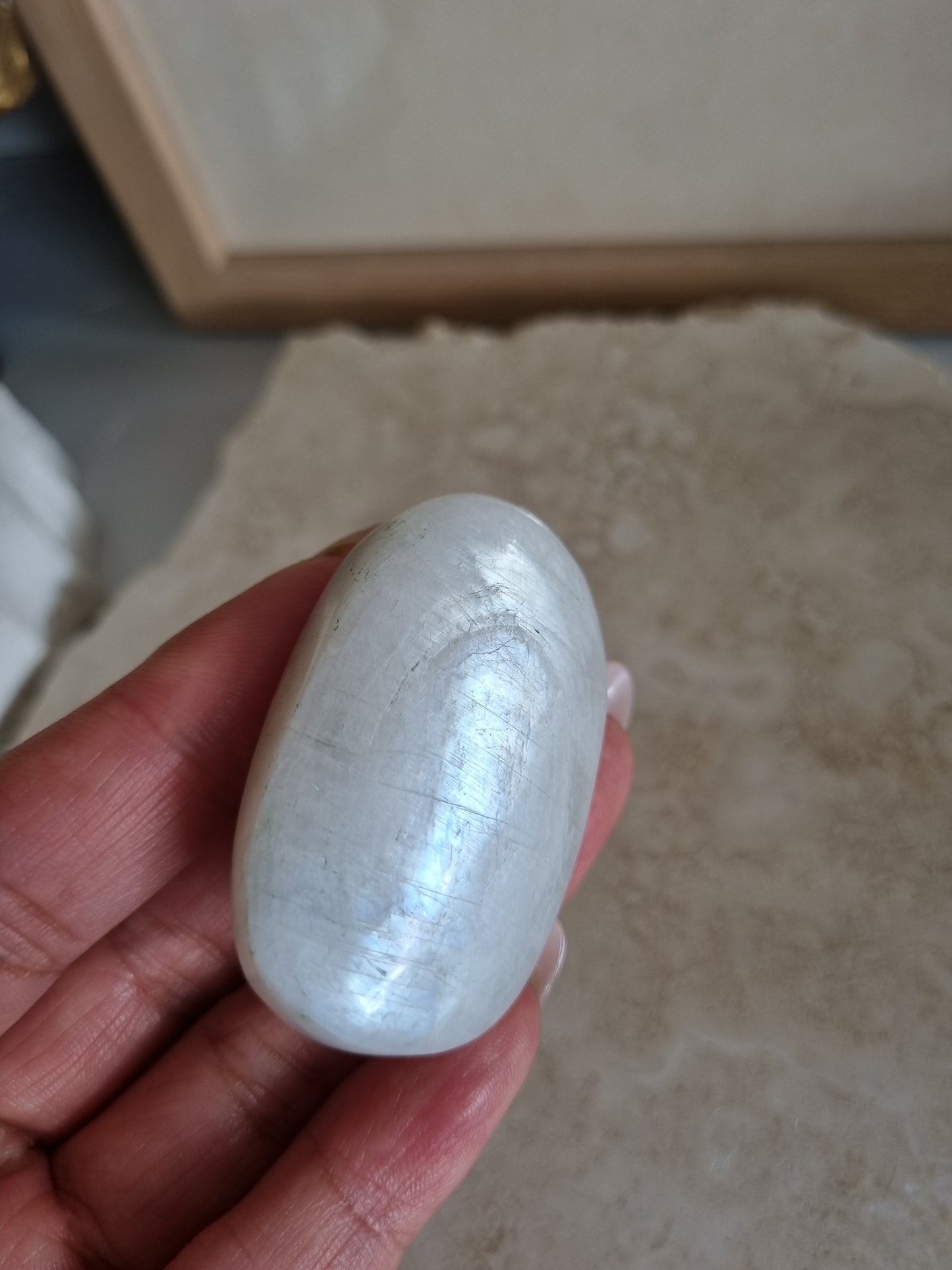 White Moonstone Palmstone with Flash