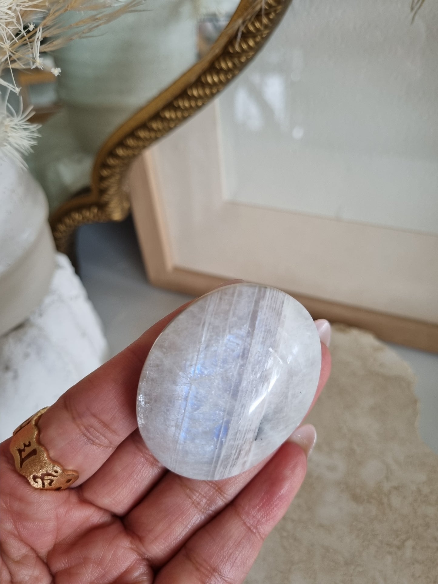 White Moonstone Palmstone with Flash