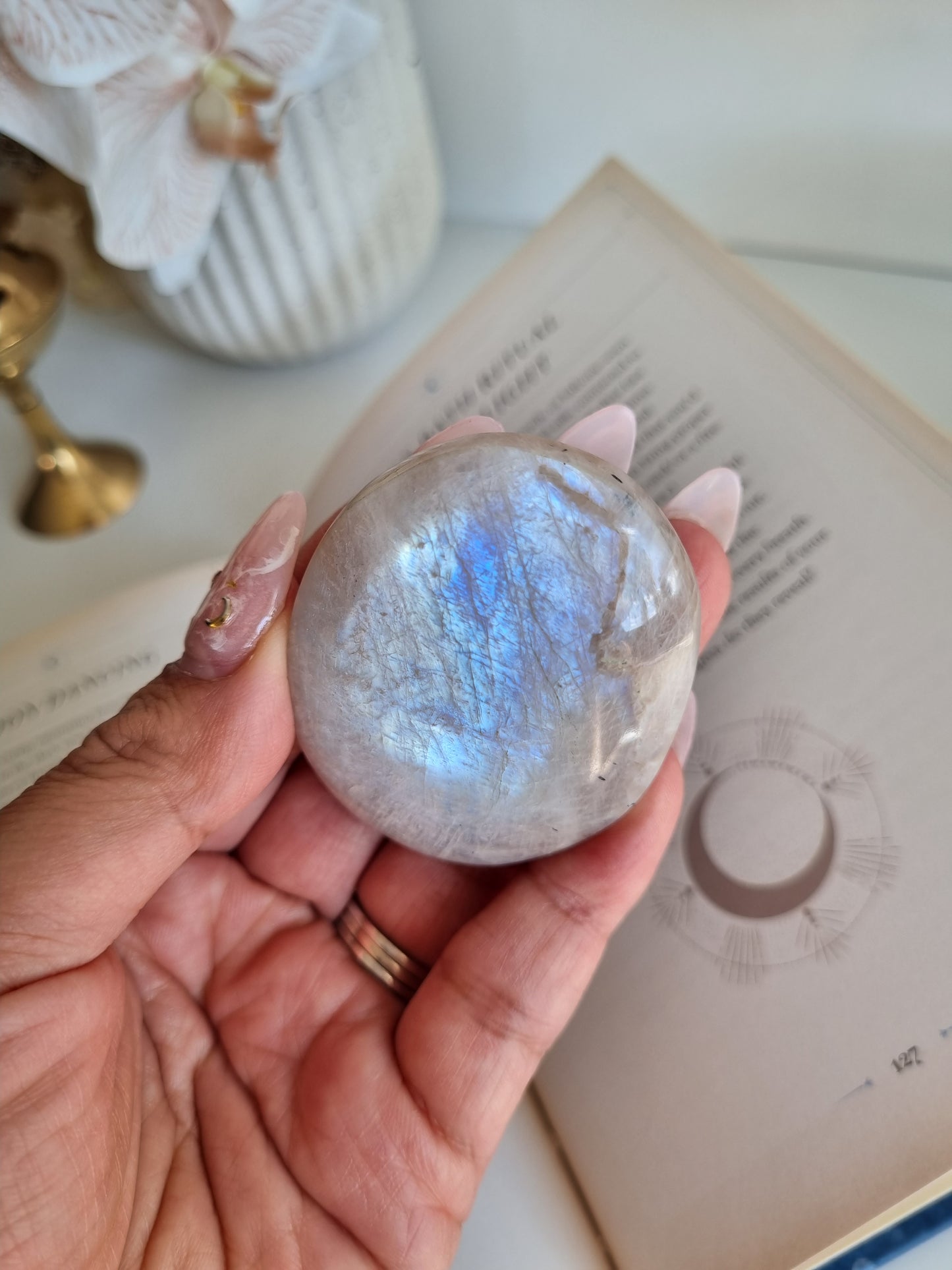 White Moonstone Palmstone with Flash